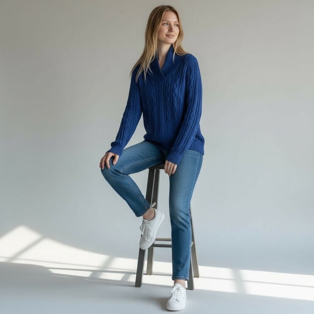 Women Small Cowl Neck Charter Club Blue Cable Knit Pullover Classic Cozy Sweater
